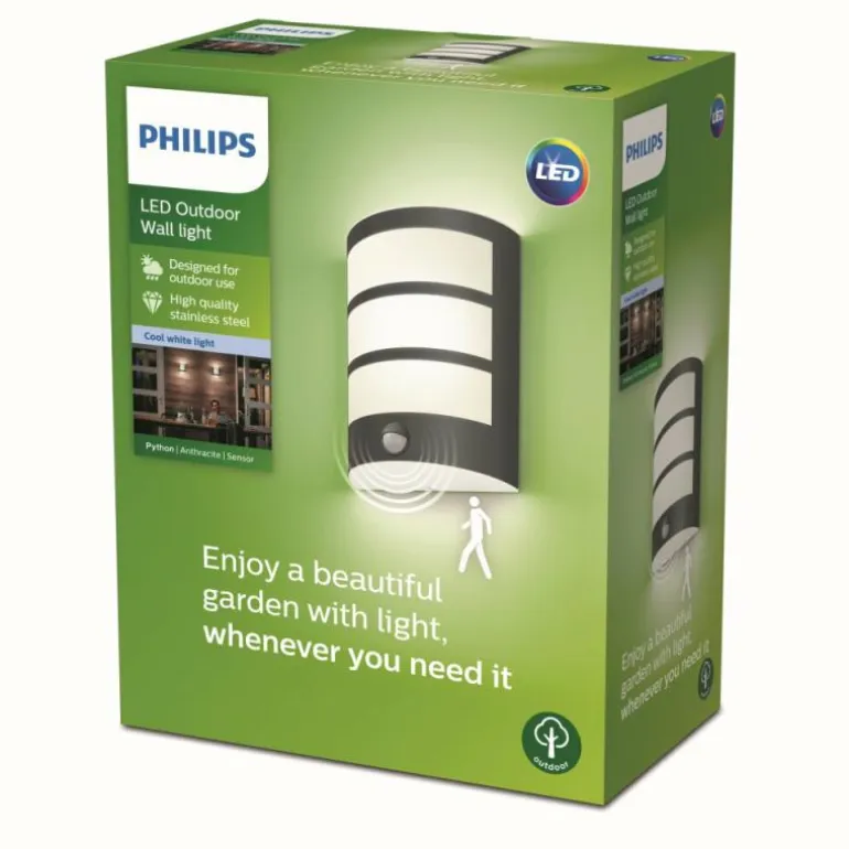 Applique murale d'extérieur Philips Python LED Anthracite, 1 lumière, Détecteur de mouvement