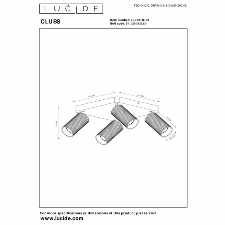Luminaires Lucide Spots Et Projecteurs|Plafonnier Lucide CLUBS Noir, 4 lumières