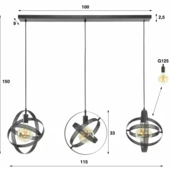 hofstein Suspensions|Suspension Cosmos Anthracite, 3 lumières