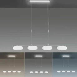 Suspension Paul-Neuhaus Q-ETIENNE LED Acier brossé, 4 lumières, Télécommandes