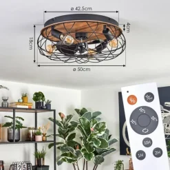 Tourais Plafonnier, Ventilateur de plafond lumineux LED Couleur bois, Noir, 4 lumières, Télécommandes