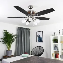 Ventilateur de plafond Irving Chrome, Gris, Bois clair, 5 lumières