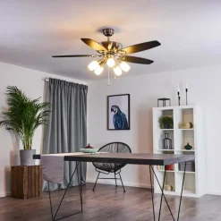 Ventilateur de plafond Irving Chrome, Gris, Bois clair, 5 lumières