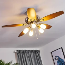 Ventilateur de plafond Irving Chrome, Gris, Bois clair, 5 lumières