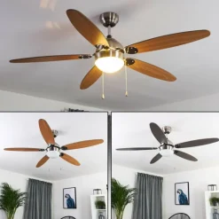 Ventilateur de plafond Valeria Chrome, Bois clair, Nickel mat, 1 lumière