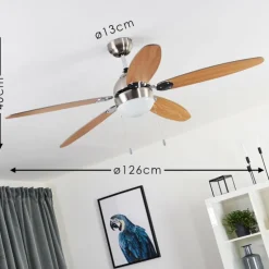 Ventilateur de plafond Valeria Chrome, Bois clair, Nickel mat, 1 lumière