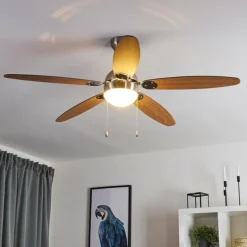 Ventilateur de plafond Valeria Chrome, Bois clair, Nickel mat, 1 lumière