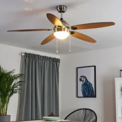 Ventilateur de plafond Valeria Chrome, Bois clair, Nickel mat, 1 lumière