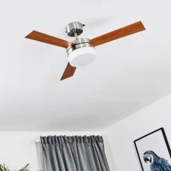 Ventilateur de plafond Vevey Bois clair, Nickel mat, Argenté, 2 lumières, Télécommandes