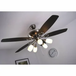 Ventilateur Globo JERRY Chrome, Acier inoxydable, Nickel mat, 5 lumières